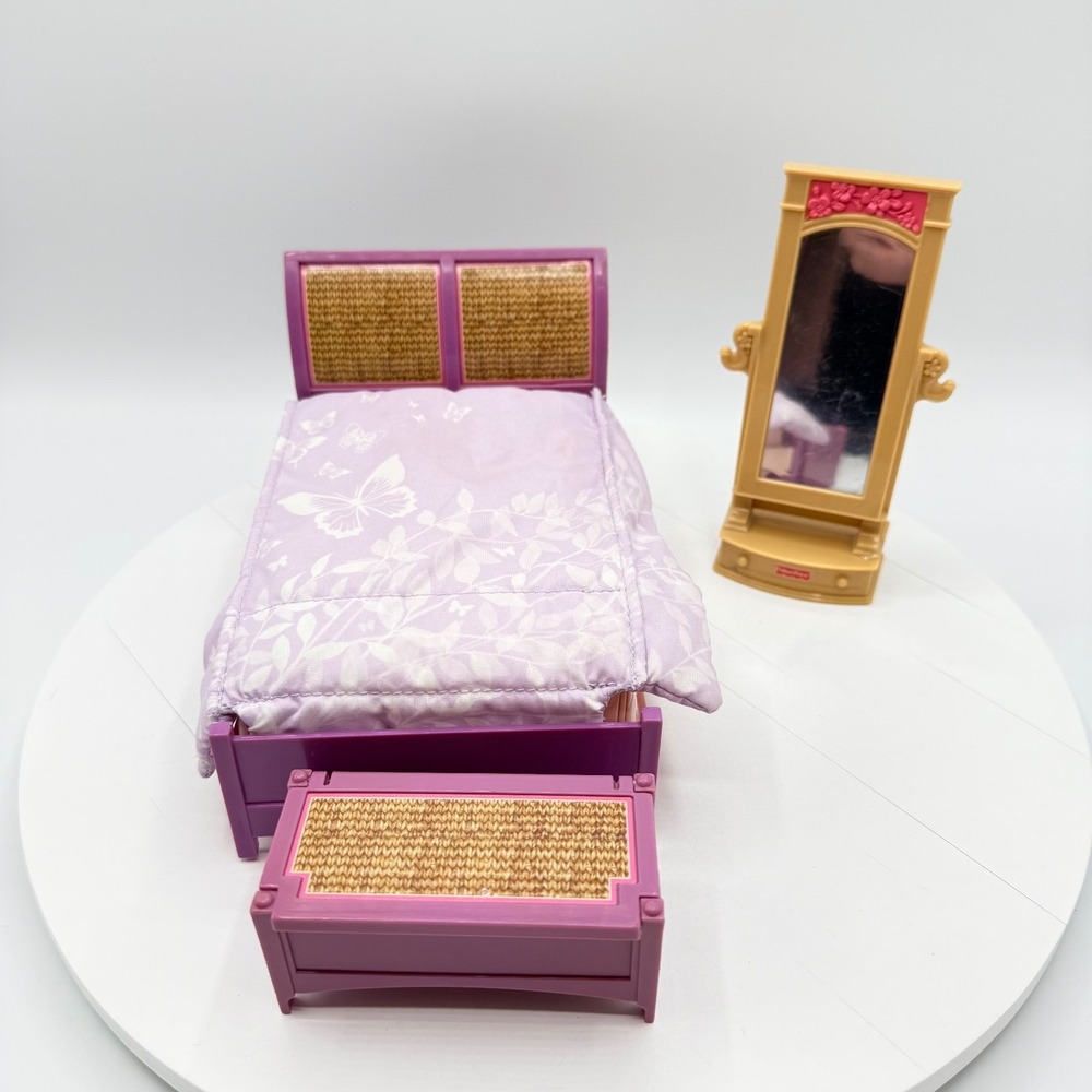 Fisher Price Loving Family Dollhouse Bed Mirror Parents Bedroom Chest Lot Purple